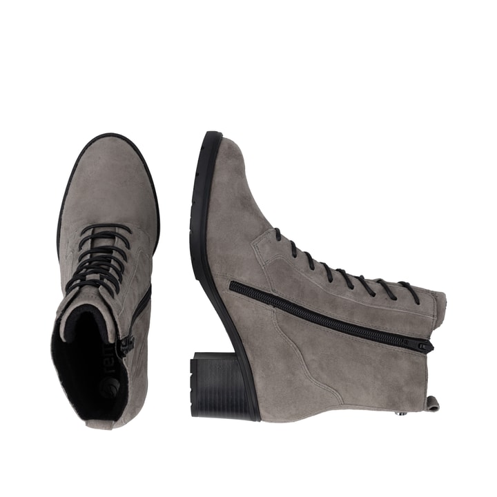 Graue remonte Damen Schnürstiefel D2A80-42 mit einem Reißverschluss. Schuh von oben, liegend.