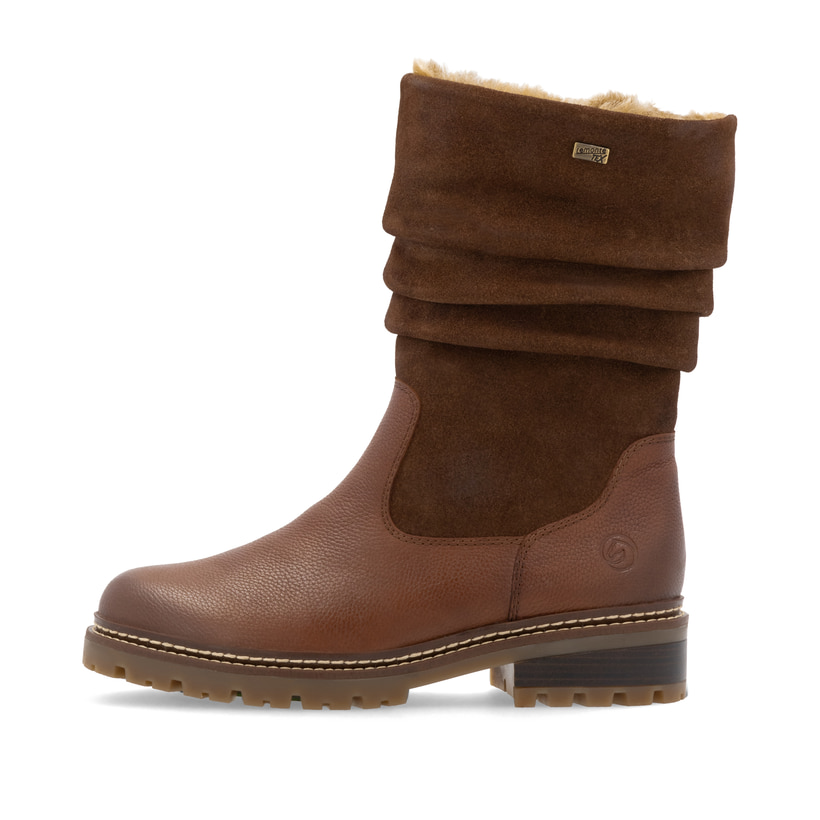 Braune remonte Hochschaftstiefel D0B80-24 mit wasserabweisender TEX-Membran. Schuh Außenseite.