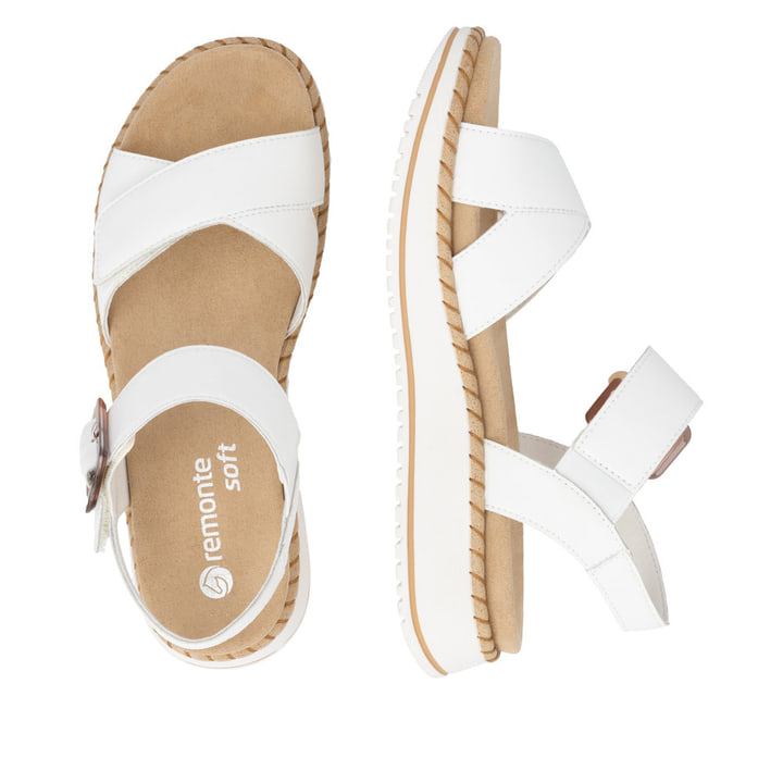 Weiße remonte Riemchensandalen D3J52-80 mit trendiger Schnalle. Schuh von oben, liegend.