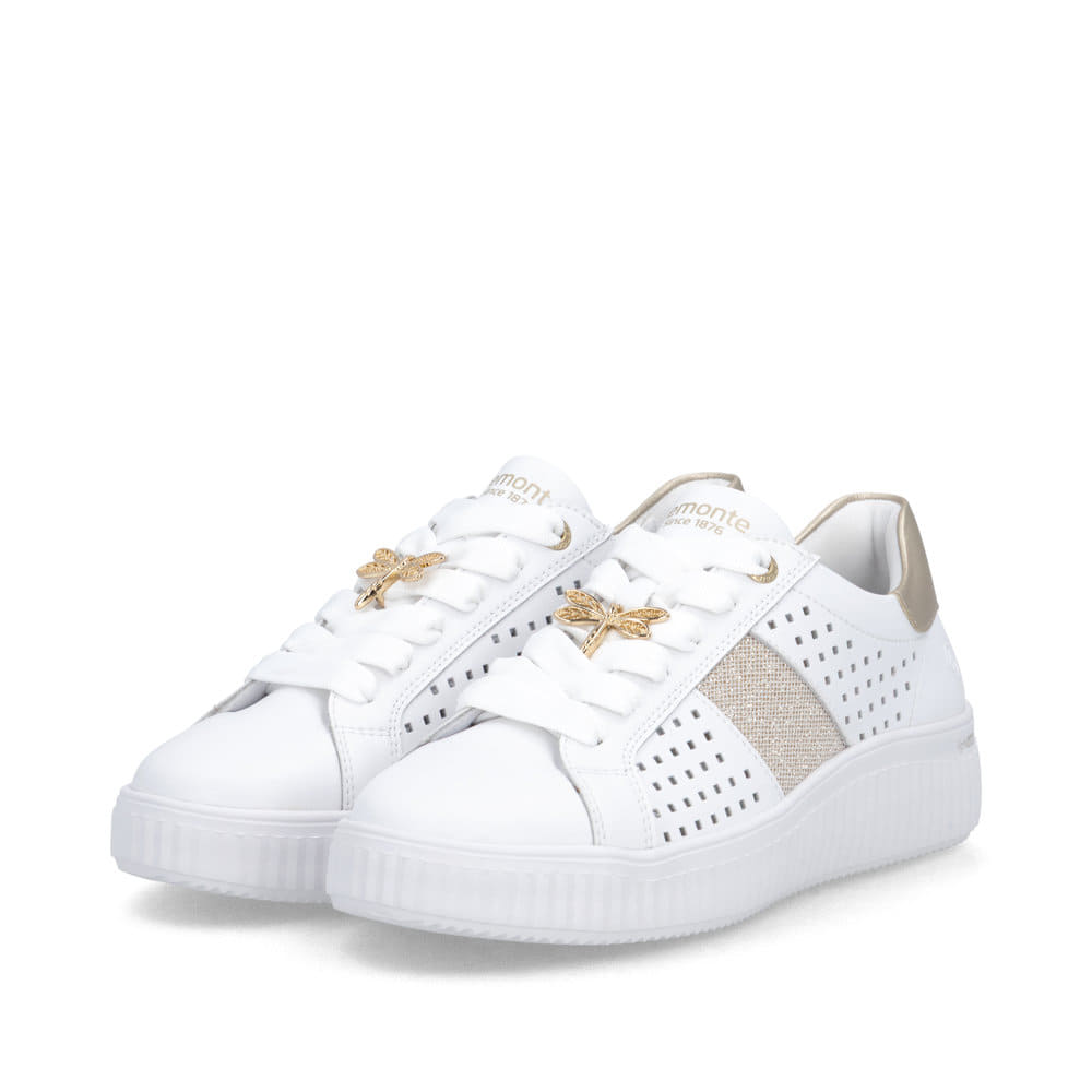 Weißbeige remonte Damen Schnürschuhe D3E04-80 mit dekorativem Schmuckdetail. Schuhpaar seitlich schräg.