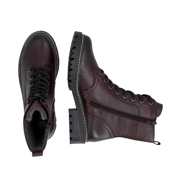 Bordeauxfarbene remonte Damen Schnürstiefel D0B85-35. Schuh von oben, liegend.
