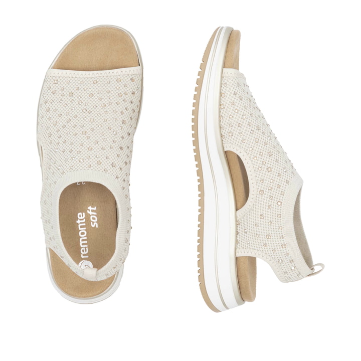 Beige remonte Riemchensandalen D1J55-60 mit Gummizug sowie weicher Einlegesohle. Schuh von oben, liegend.