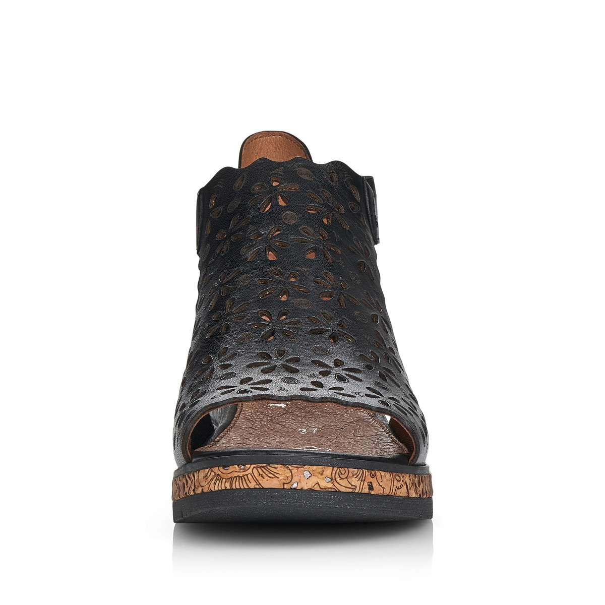 Schwarze remonte Keilsandaletten D3056-01 mit Klettverschluss sowie Löcheroptik. Schuh von vorne.