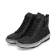 
Nachtschwarze remonte Damen Schnürschuhe D0777-01 mit einer dämpfenden Profilsohle. Schuhpaar schräg.