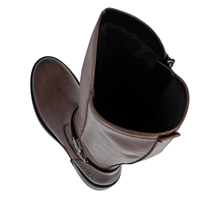Dunkelbraune remonte Hochschaftstiefel D2W77-25 mit einem Reißverschluss. Schuh von oben, liegend.