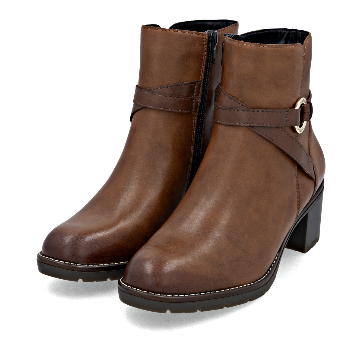 Braune remonte Damen Stiefeletten D2A73-25 mit einem Reißverschluss. Schuhpaar seitlich schräg.