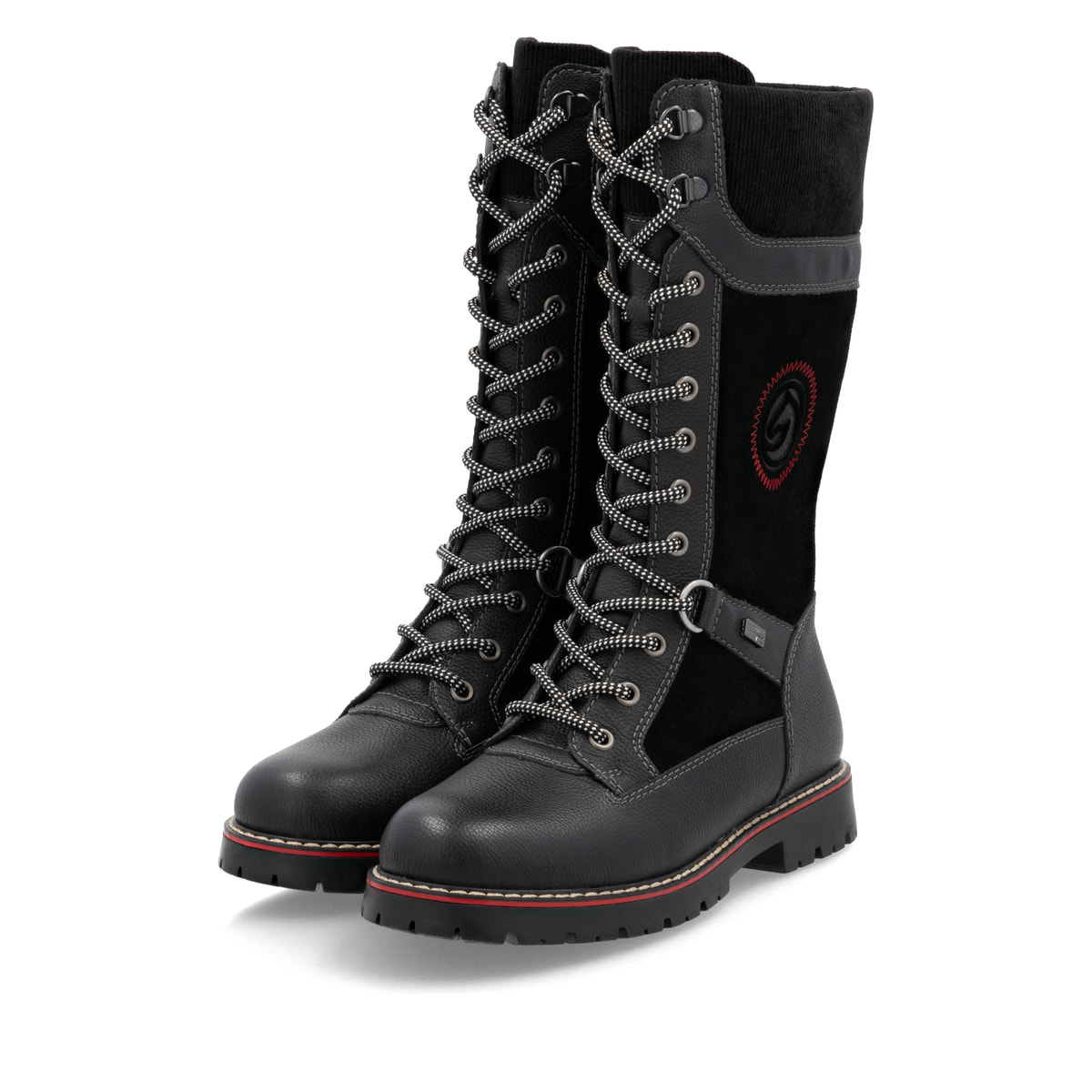 Tiefschwarze remonte Damen Schnürstiefel D9380-02 mit Flip-Grip Sohle. Schuhpaar seitlich schräg.