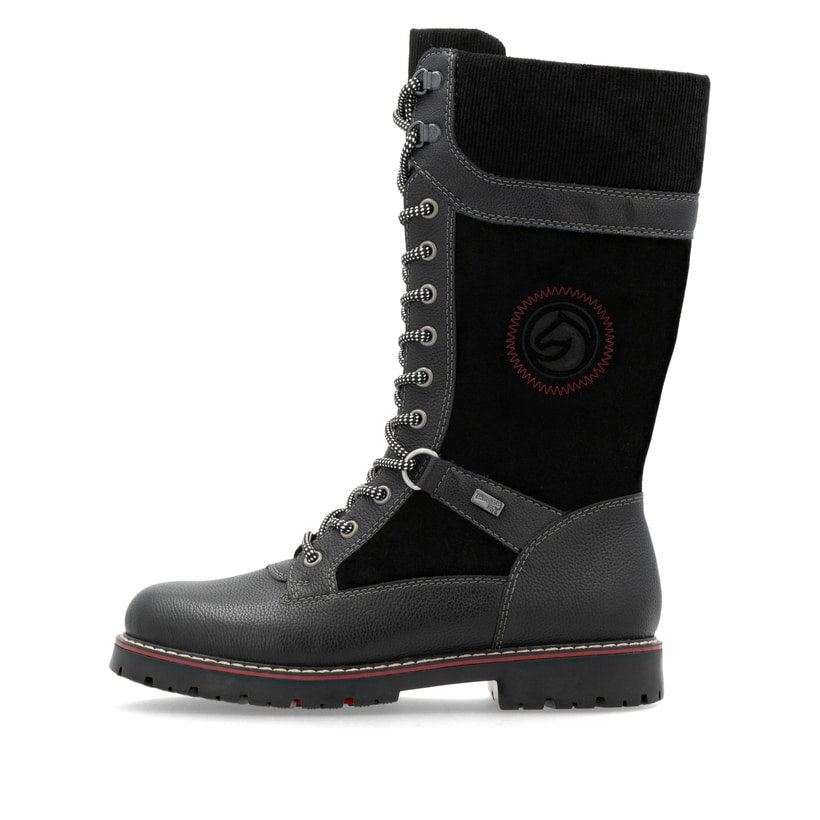 Tiefschwarze remonte Damen Schnürstiefel D9380-02 mit Flip-Grip Sohle. Schuh Außenseite.