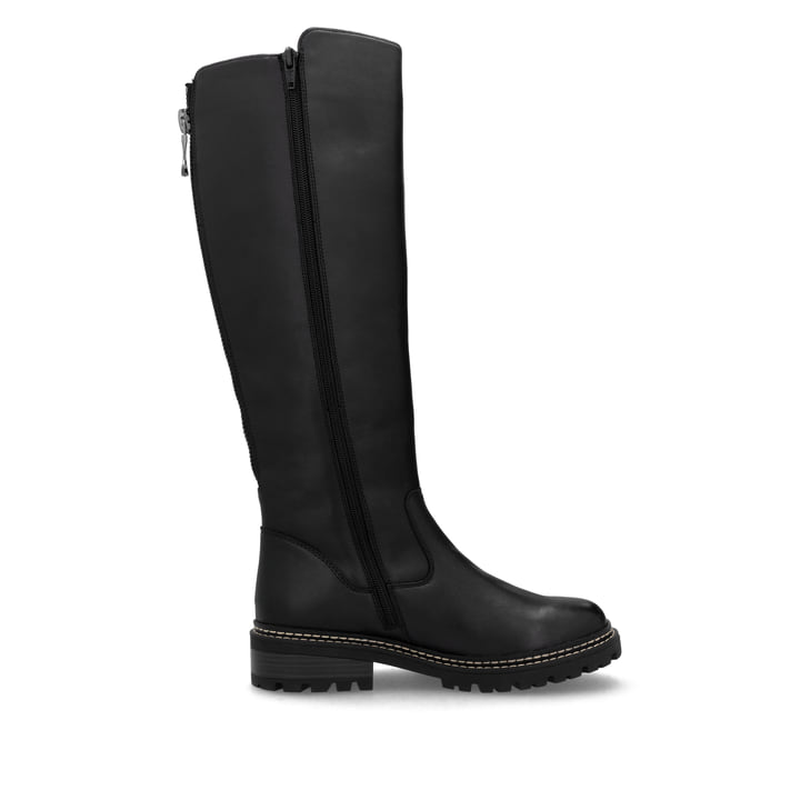 Asphaltschwarze remonte Damen Hochschaftstiefel D0B72-01 mit einer Profilsohle. Schuh Innenseite