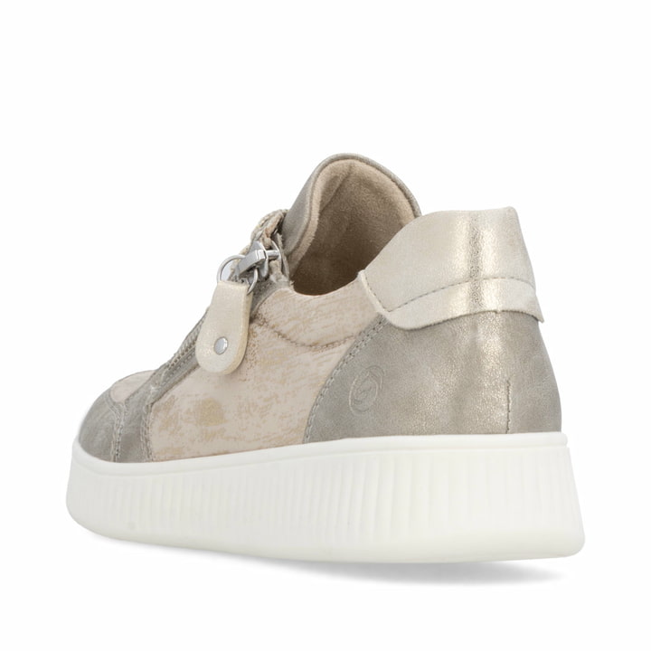 Goldene vegane remonte Damen Sneaker D2E05-60 mit einem Reißverschluss. Schuh von hinten.