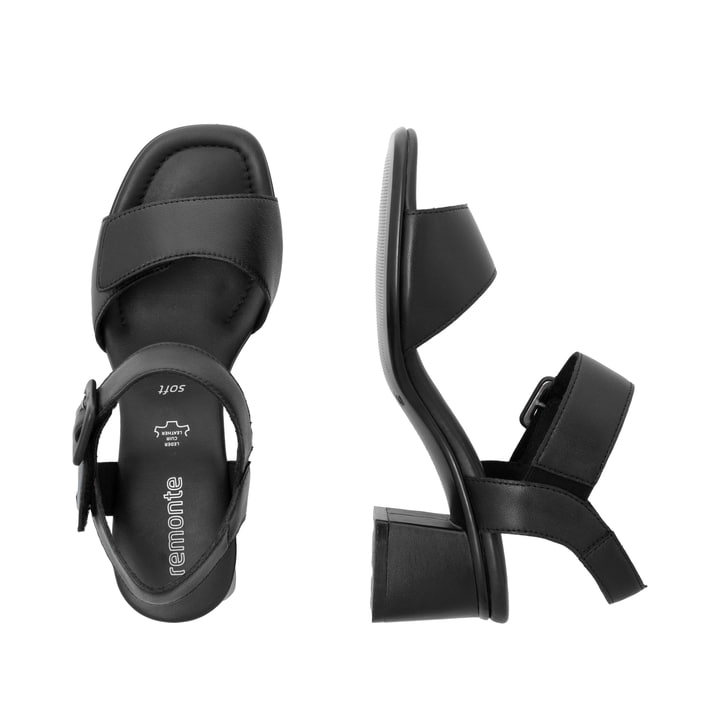 Schwarze remonte Riemchensandaletten D1K51-00 mit einem Klettverschluss. Schuh von oben, liegend.