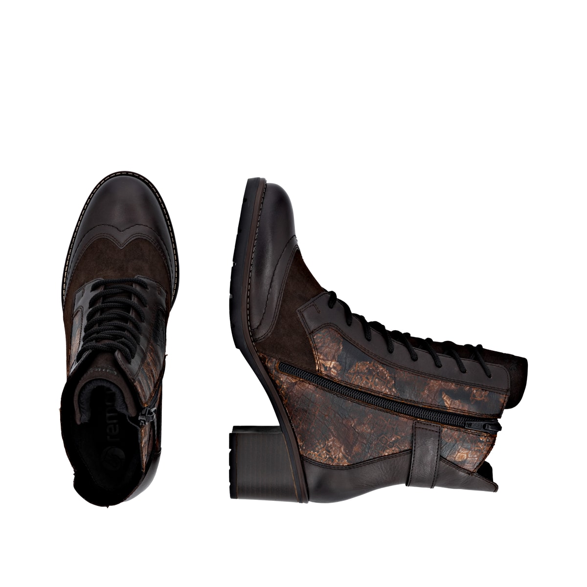 Dunkelbraun-bronzene remonte Damen Stiefeletten D2A77-25. Schuh von oben, liegend.