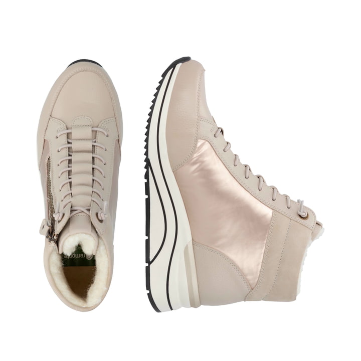 Beige remonte Damen Schnürstiefel D0T72-60 mit gesteppter Optik. Schuh von oben, liegend.