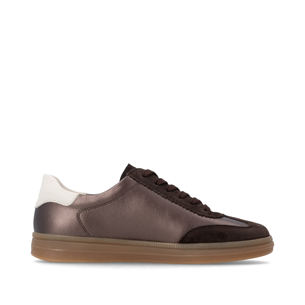 Dunkelbraun-bronzene remonte Damen Sneaker D2C05-90 mit einer Schnürung. Schuh Innenseite.