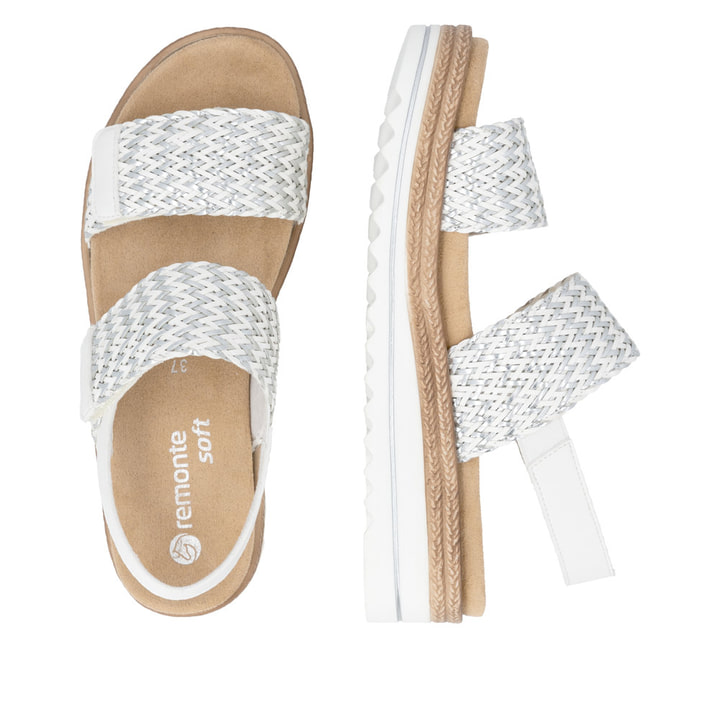 Silberne remonte Keilsandaletten D0Q63-91 mit einem Klettverschluss. Schuh von oben, liegend.