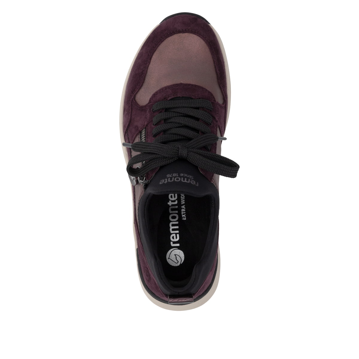 Weinrote remonte Damen Slipper D3V01-30 mit Deko-Reißverschluss sowie Gummizug. Schuh von oben.
