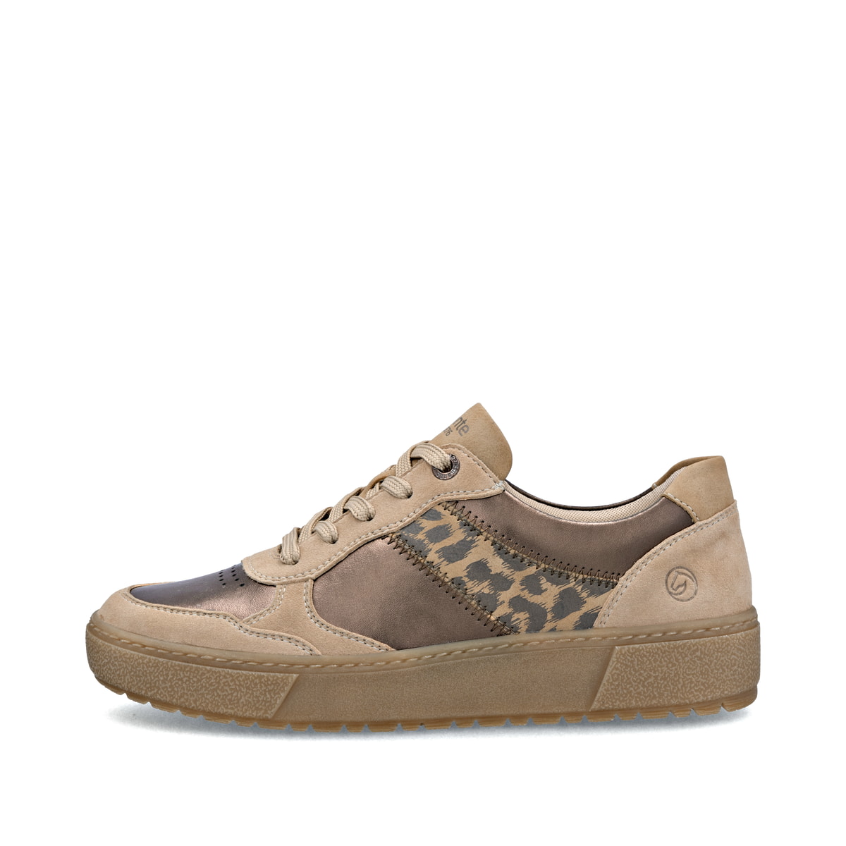 Beigebraune remonte Damen Sneaker D2T01-61 mit Leo-Print sowie Reißverschluss. Schuh Außenseite.