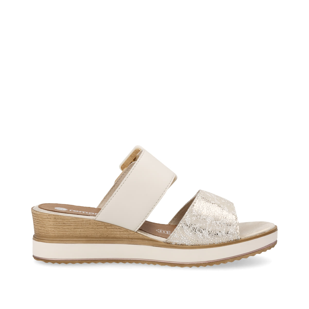 Beige remonte Damen Pantoletten D6463-60 mit einem Klettverschluss. Schuh Innenseite.