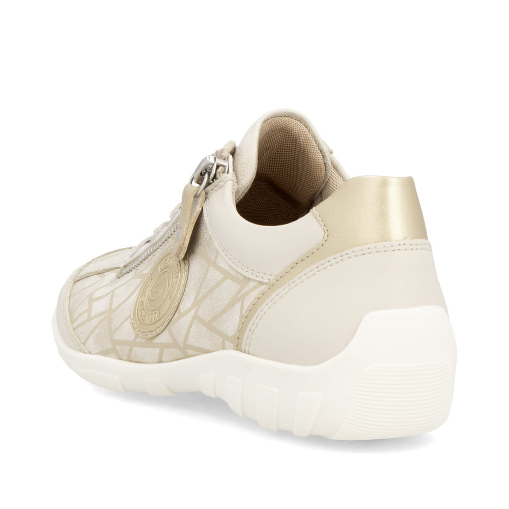 Goldene vegane remonte Damen Schnürschuhe R3408-91 mit einem Reißverschluss. Schuh von hinten.