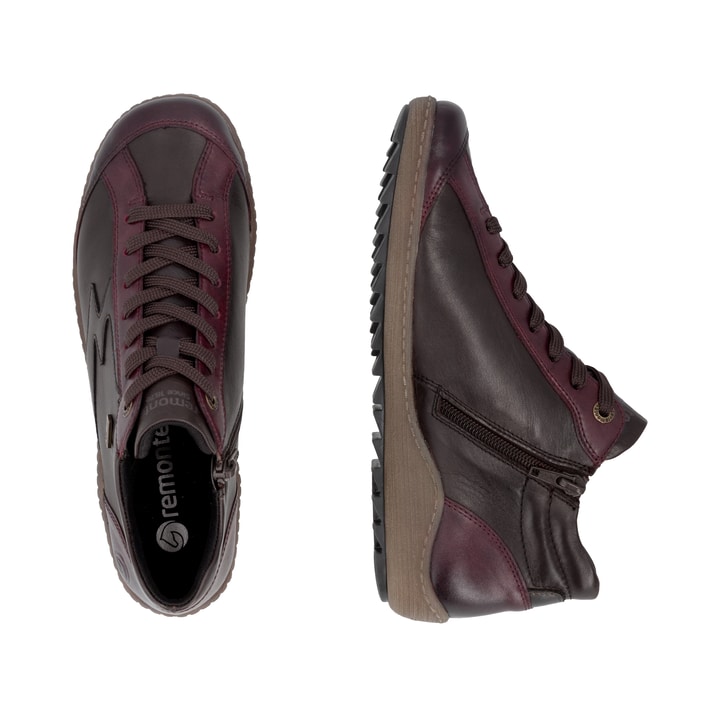 Bordeaux-dunkelbraune remonte Damen Schnürstiefel R1454-27. Schuh von oben, liegend.