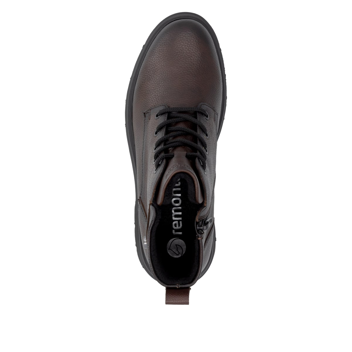 Dunkelbraune remonte Damen Schnürstiefel D1W83-25 mit einem Reißverschluss. Schuh von oben.