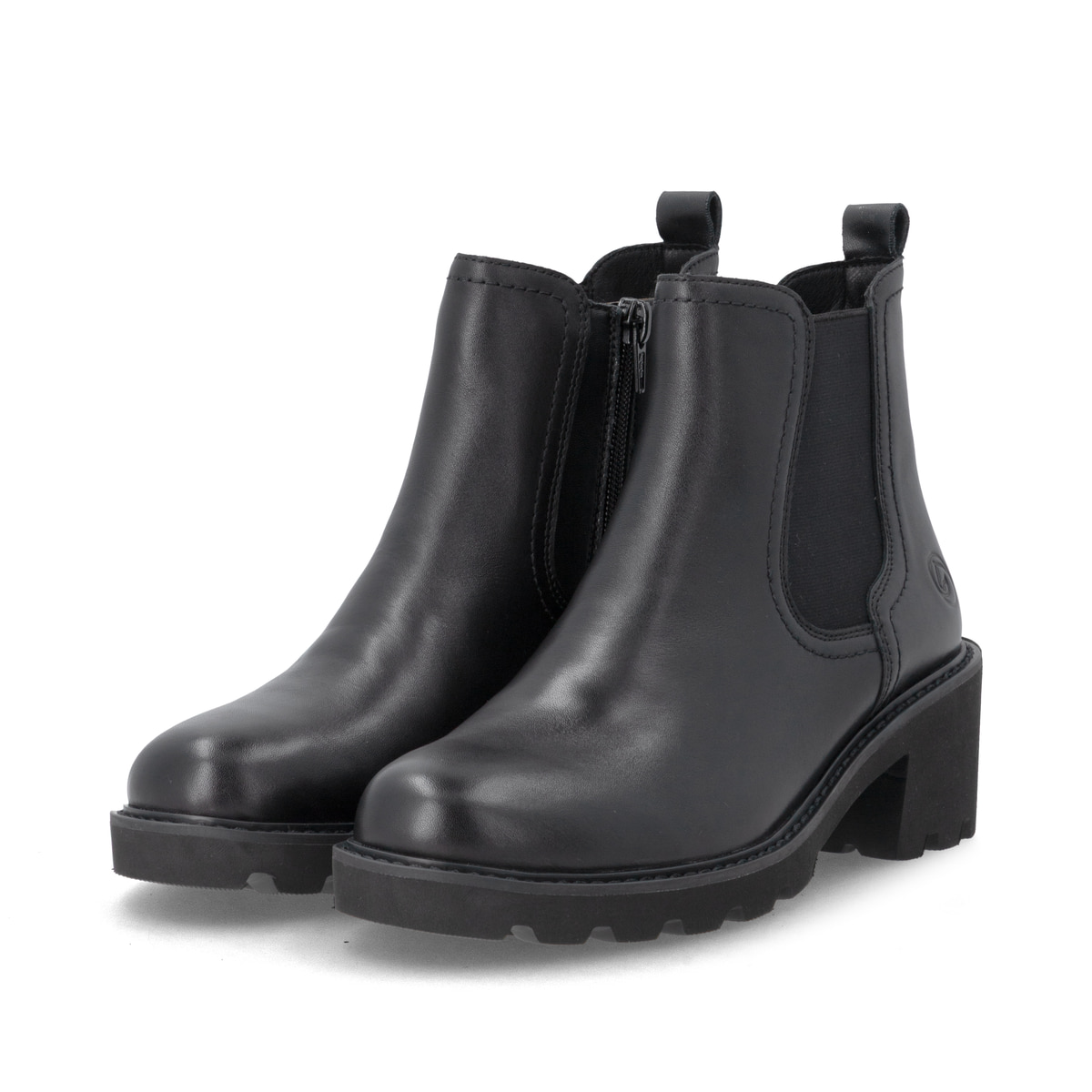 Schwarze remonte Chelsea Boots D0A70-00 mit Reißverschluss sowie Komfortweite G. Schuhpaar seitlich schräg.