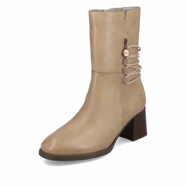 Sandbeige remonte Damen Stiefeletten D0V71-20 mit einer Profilsohle mit Blockabsatz. Schuh seitlich schräg