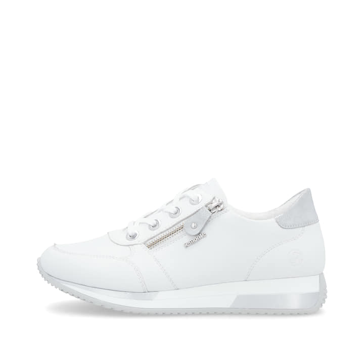 Weiße remonte Damen Sneaker Low D0H11-80 mit einem Reißverschluss. Schuh Außenseite.
