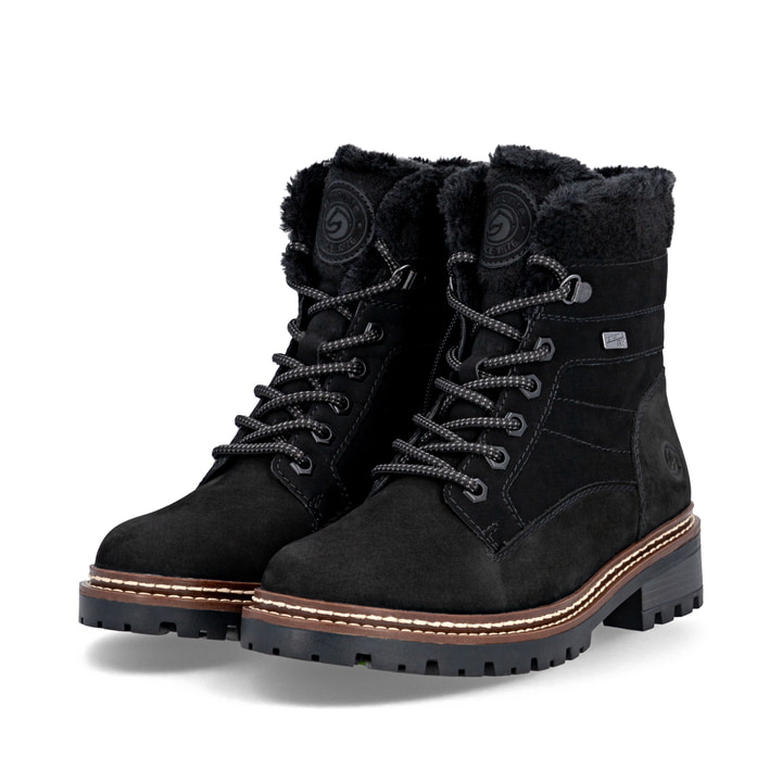 Schwarze remonte Damen Schnürstiefel D0B81-00 mit wasserabweisender TEX-Membran. Schuhpaar seitlich schräg.