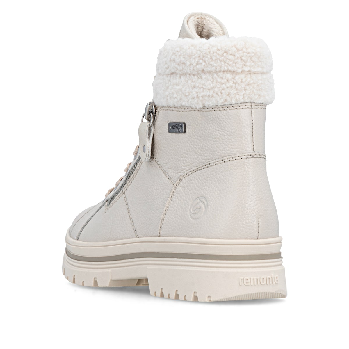 Weiße remonte Damen Schnürstiefel D2U74-80 mit wasserabweisender TEX-Membran. Schuh von hinten.
