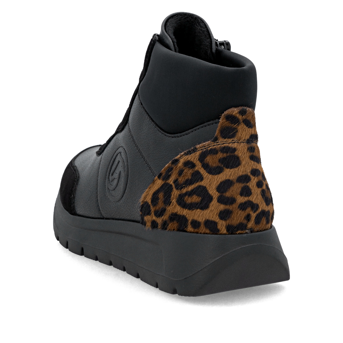 Schwarze remonte Damen Kurzstiefel D2V70-03 mit Leo-Print sowie Reißverschluss. Schuh von hinten.