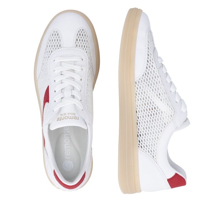 Weiße remonte Damen Sneaker D2C08-80 mit einer Schnürung sowie Komfortweite G. Schuh von oben, liegend.