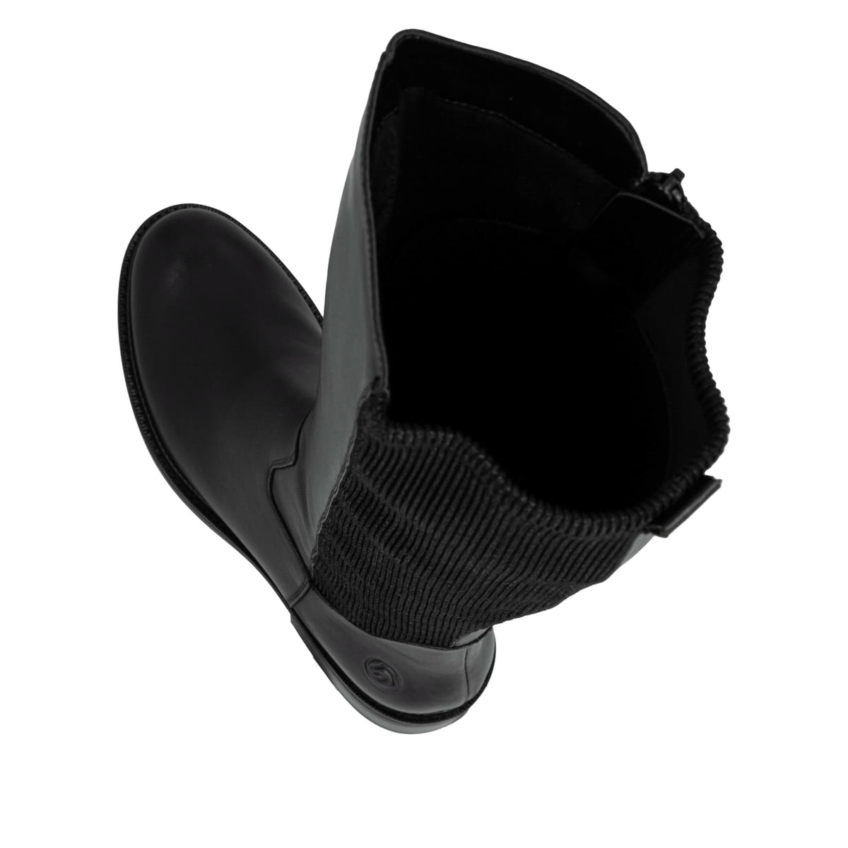 Schwarze remonte Hochschaftstiefel D2W74-00 mit einem Reißverschluss. Schuh von oben, liegend.