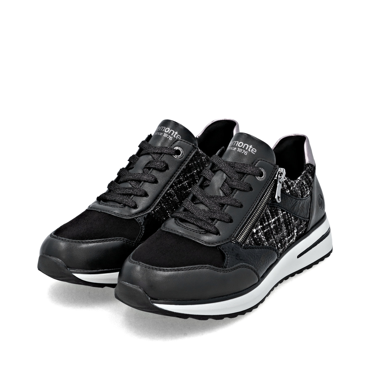Schwarze remonte Damen Sneaker D1G08-06 mit einem Reißverschluss. Schuhpaar seitlich schräg.