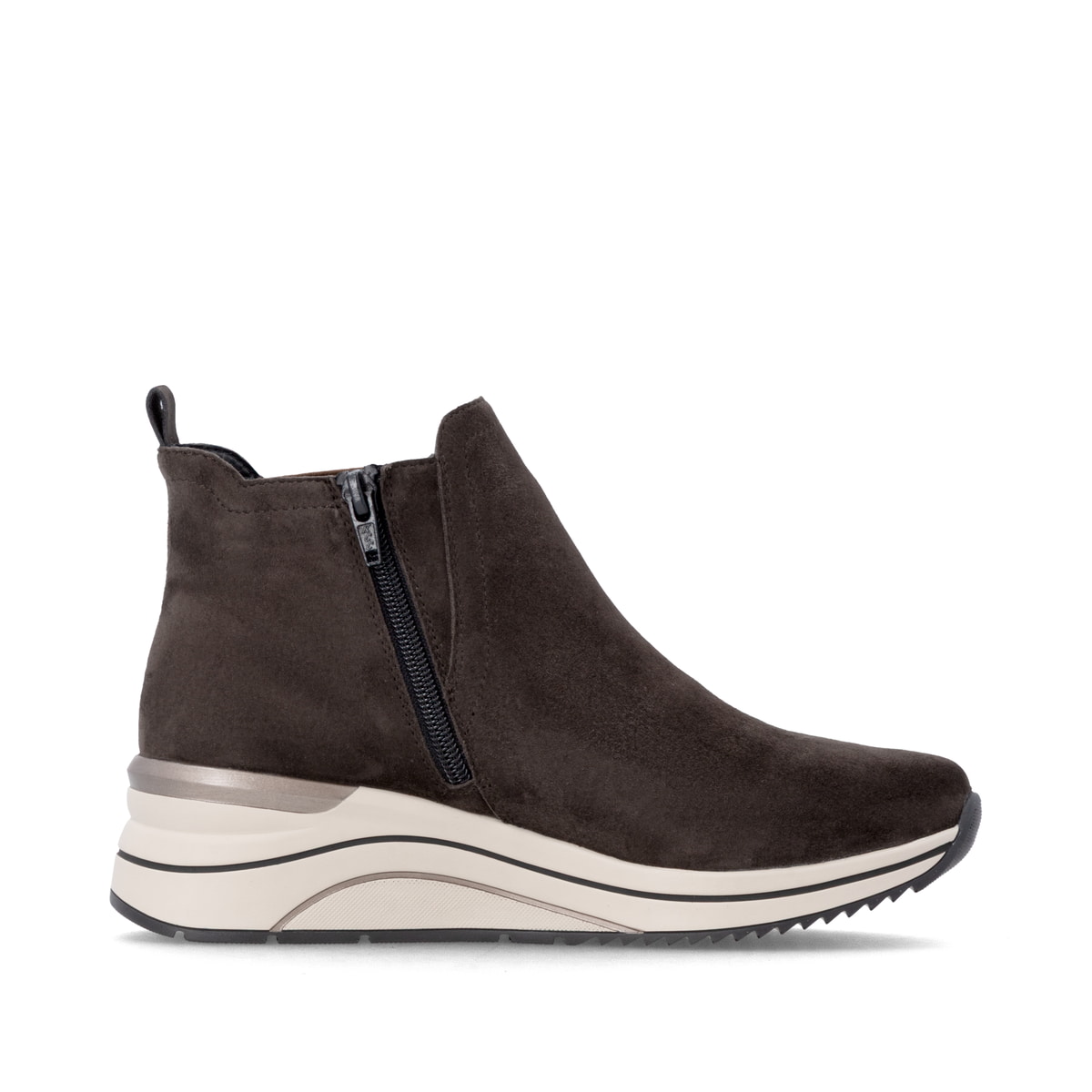 Dunkelbraune remonte Chelsea Boots D0T75-25 mit einem Reißverschluss. Schuh Innenseite.