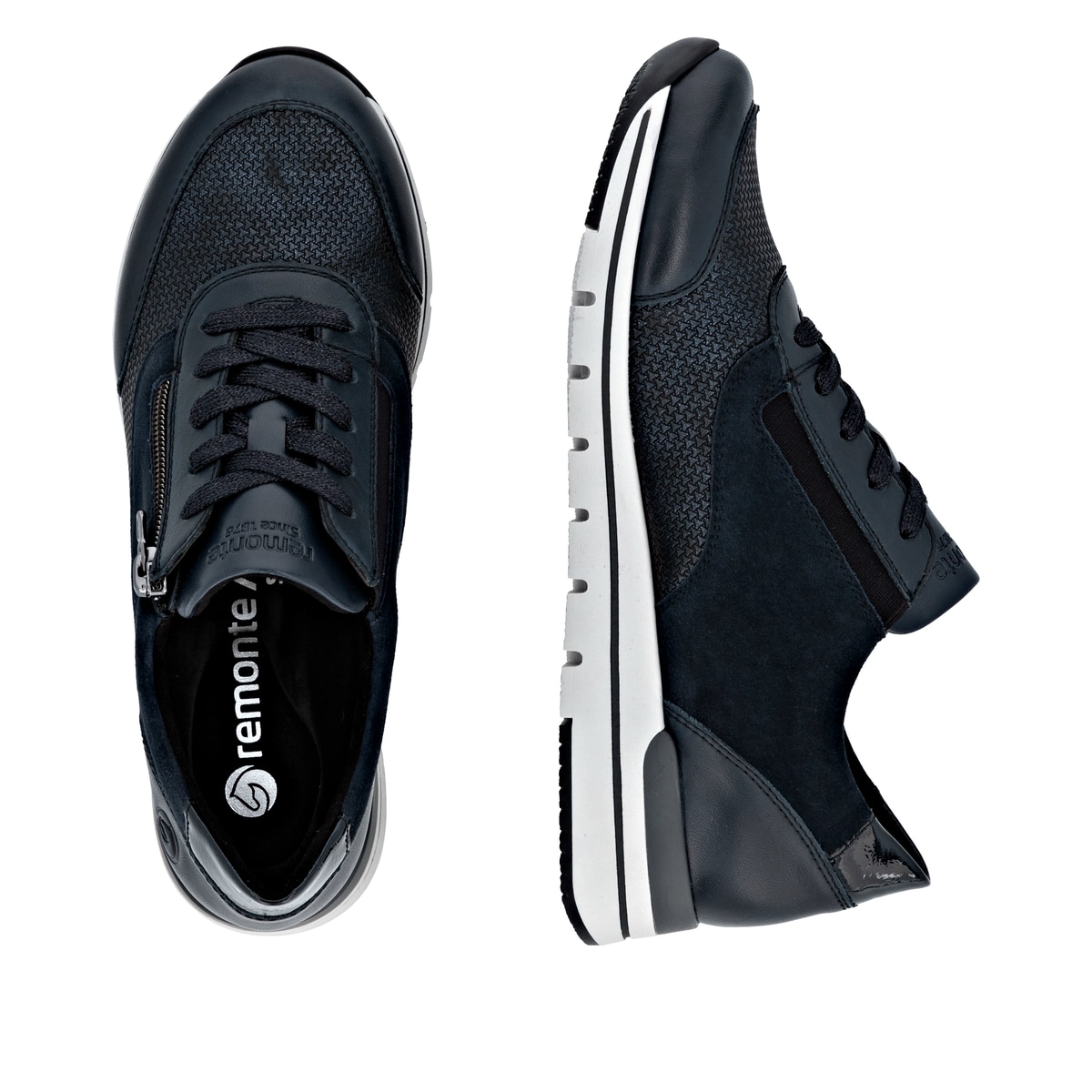 Blaue remonte Damen Sneaker R6714-14 mit Reißverschluss sowie der Komfortweite G. Schuh von oben, liegend.