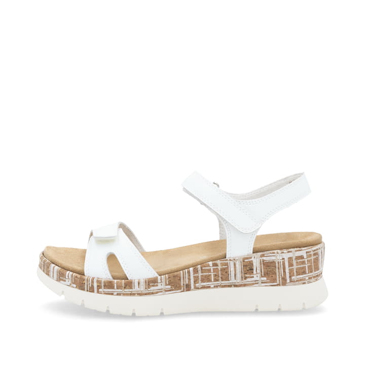 Weiße remonte Keilsandaletten D2P52-80 mit einem Klettverschluss. Schuh Außenseite.