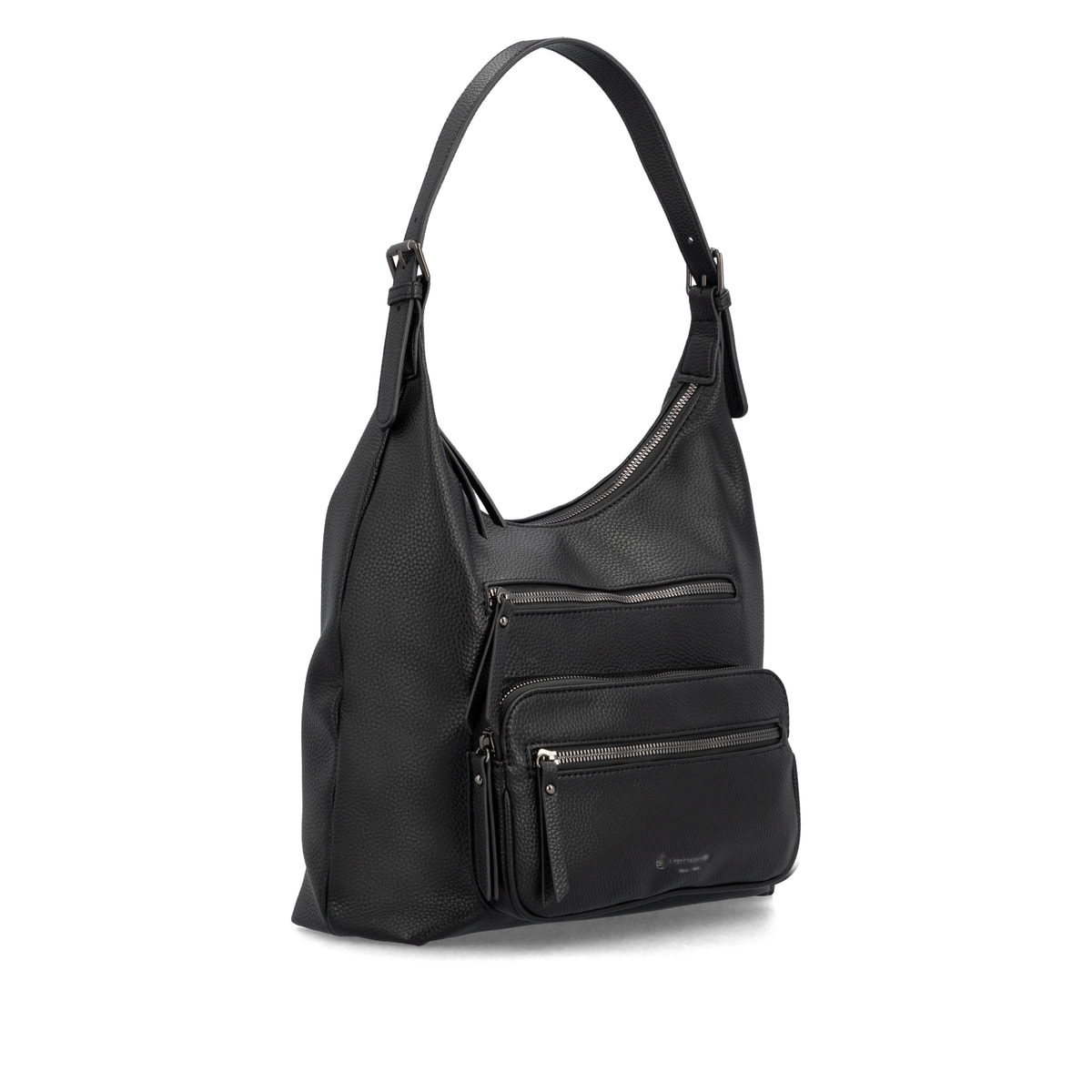 Sac bandoulière remonte Q0725-00 en noir avec un compartiment principal spacieux, fermeture éclair et deux poches extérieures. Côté gauche.