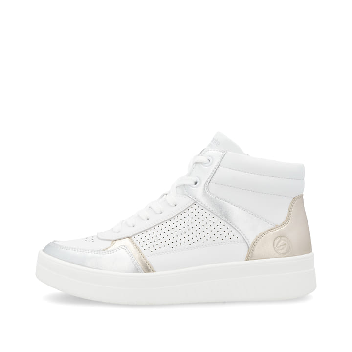 Weiße remonte Damen Sneaker High D0J70-82 mit einem Reißverschluss. Schuh Außenseite.