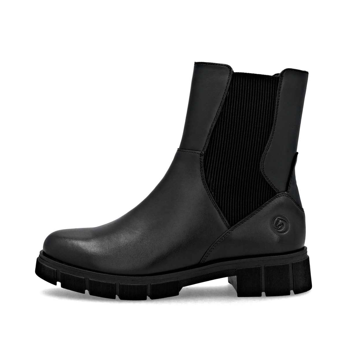 Schwarze remonte Chelsea Boots D2S70-00 mit Reißverschluss sowie Komfortweite G. Schuh Außenseite.