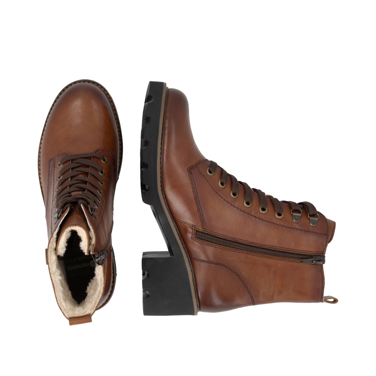 Braune remonte Damen Schnürstiefel D0A81-24 mit wasserabweisender TEX-Membran. Schuh von oben, liegend.