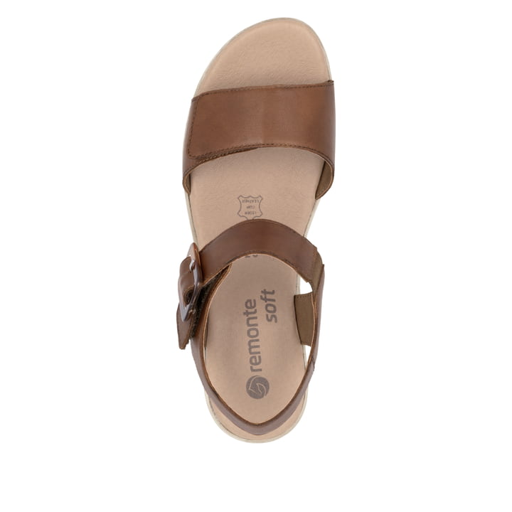 Braune remonte Riemchensandaletten D0N52-25 mit einem Klettverschluss. Schuh von oben.