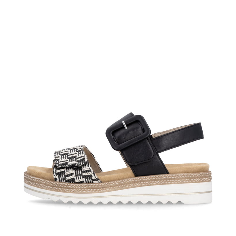 Sandales compensées remonte noires vegan pour femme D0Q62-03. Côté extérieur de la chaussure.