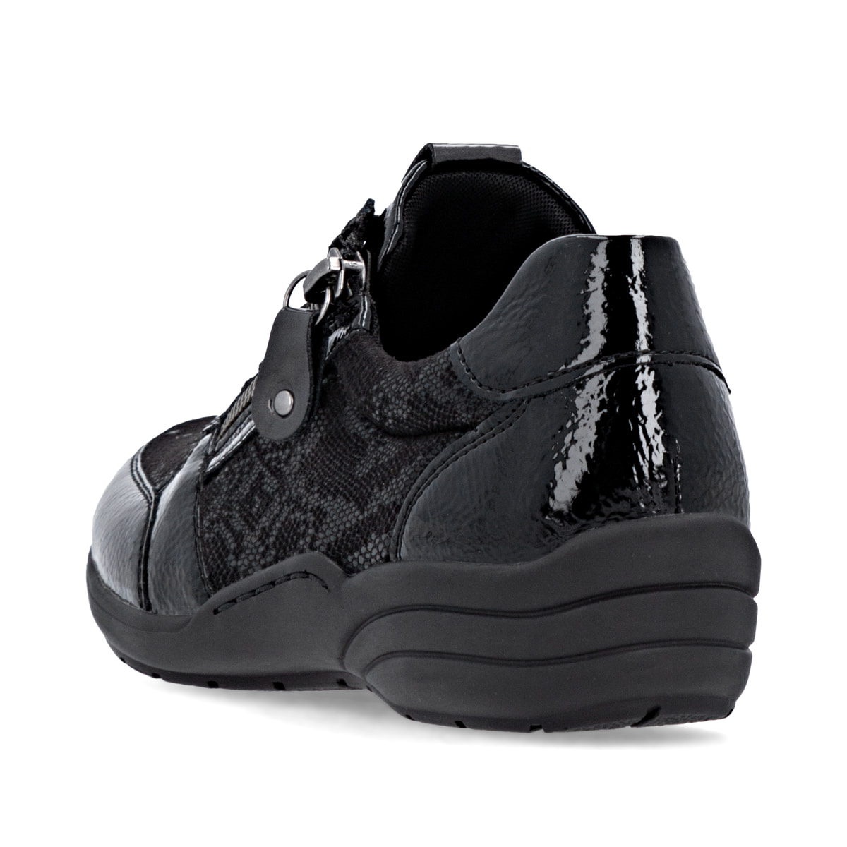 Baskets basses remonte noires pour femme R7637-04 avec fermeture éclair. Chaussure vue de dessus.