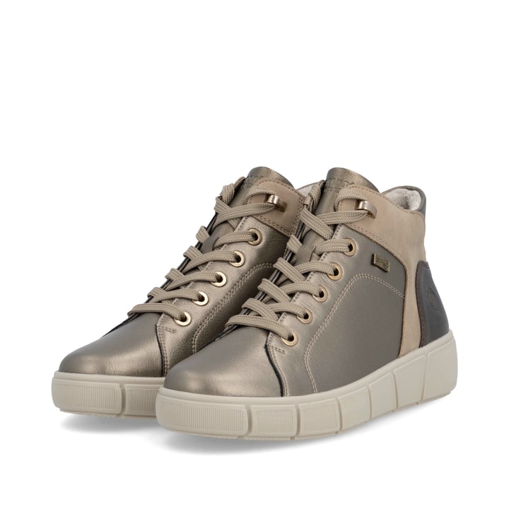 Metallische remonte Damen Kurzstiefel D1T77-90 mit wasserabweisender TEX-Membran. Schuhpaar seitlich schräg.