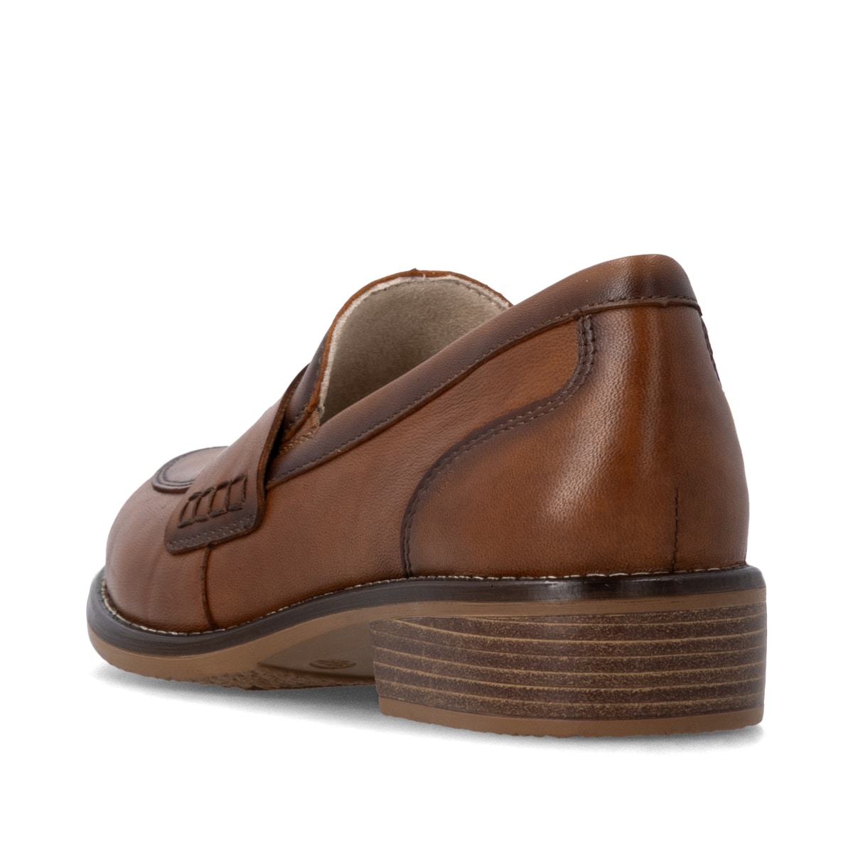Braune remonte Damen Loafer D0F05-24 mit einem Gummizug. Schuh von hinten.