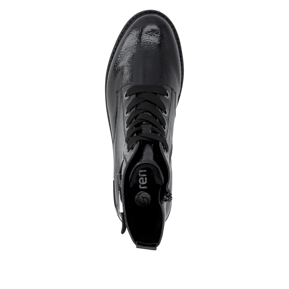Vegane, schwarze remonte Damen Schnürstiefel D8683-03 mit einem Reißverschluss. Schuh von oben.