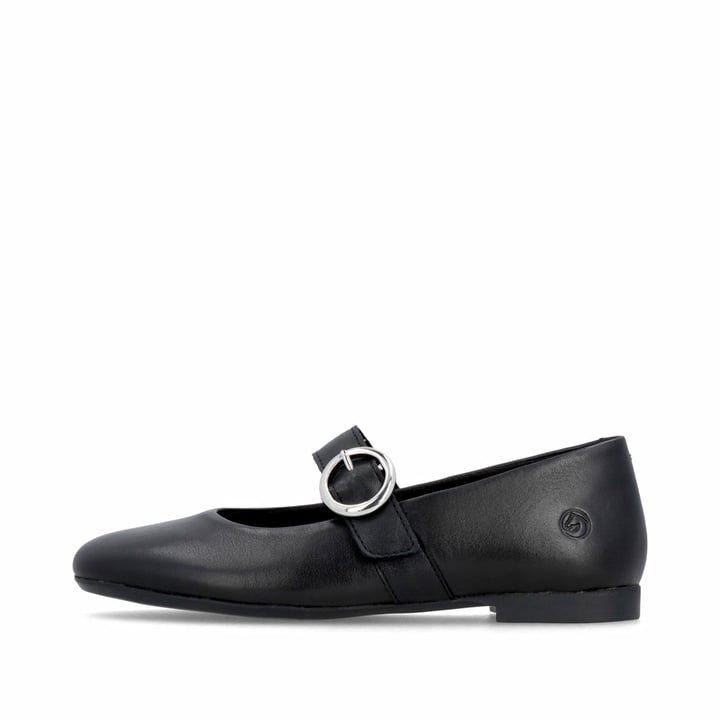 Schwarze remonte Ballerinas D0K14-00 mit einem Klettverschluss. Schuh Außenseite.