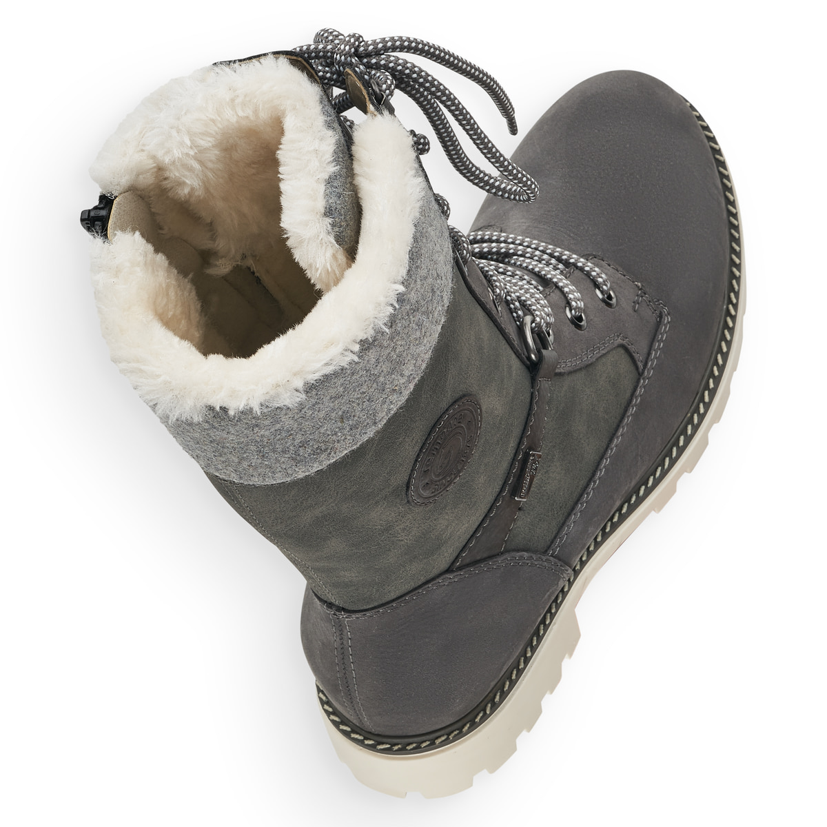 Graue remonte Damen Schnürstiefel D8474-45 mit wasserabweisender TEX-Membran. Schuh von oben, liegend.