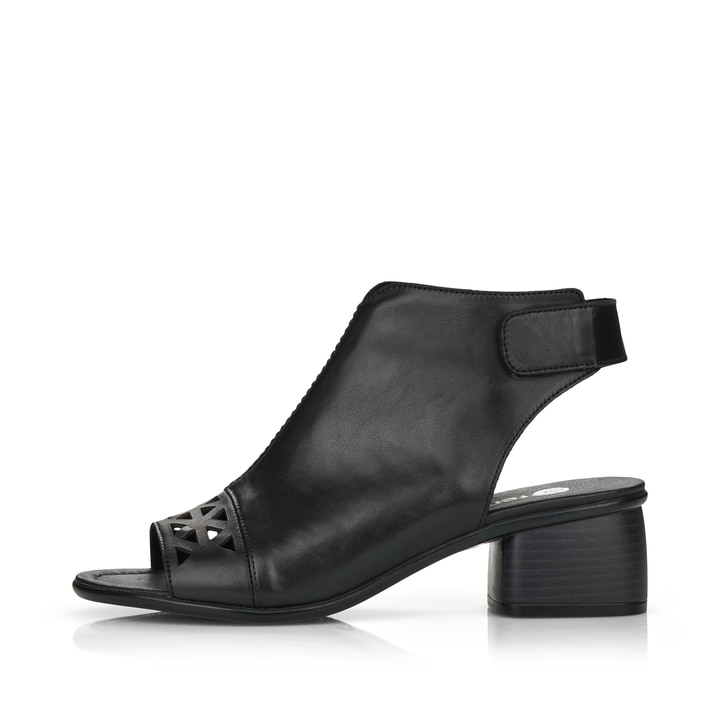Schwarze remonte Riemchensandaletten R8772-00 mit einem Klettverschluss. Schuh Außenseite.